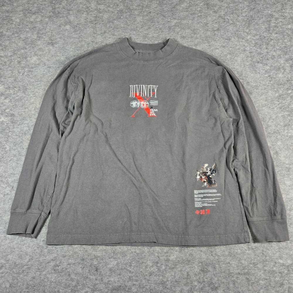 GSTR Mens Gray Divinity Fear No Evil Streetwear Long Sleeve Shirt Medium